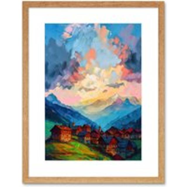 Wall Art Print Atmospheric Clouds at Dawn Over Small Village Houses in the Alps Modern Watercolour Painting Artwork Framed 9X7 Inch - Beige - W7 inch - W7 inch x H9 inch