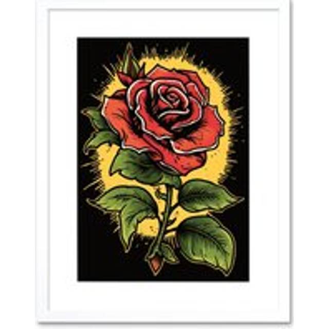 Wall Art Print A Single Rose Old School USA Tattoo Ink Body Art Rockabilly Americana 50s Artwork Framed 9X7 Inch - White - W7 inch x H9 inch