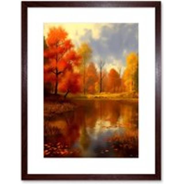 Wall Art Print Autumn on Steroids Oil Painting Trees by Lake Photorealistic Landscape Warm Artwork Framed 9X7 Inch - Brown - W7 inch x H9 inch