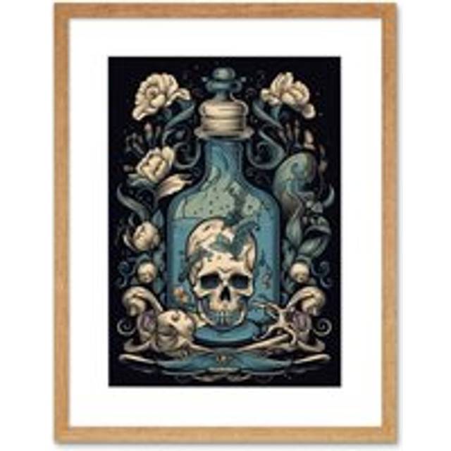 Wall Art Print Skull Glass Jar and Flowers Tattoo Ink Body Art Rockabilly Americana 50s Artwork Framed 9X7 Inch - Beige - W7 inch x H9 inch