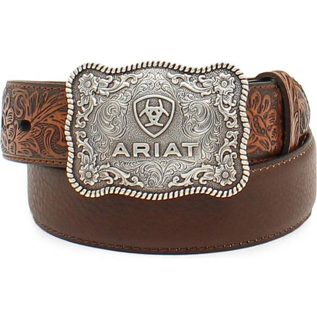 ARIAT Boy's Distressed Brown Leather Belt with Antiqued Silver Buckle  Floral Accents  Size 26