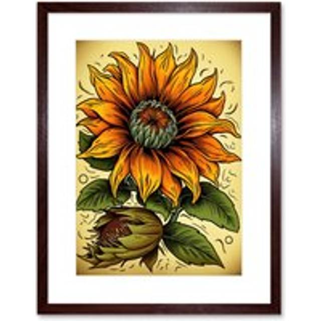 Wall Art Print Sunflower Bloom Old School USA Tattoo Ink Body Art Rockabilly Americana 50s Artwork Framed 9X7 Inch - Brown - W7 inch x H9 inch