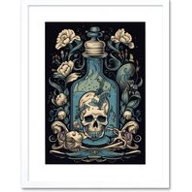 Wall Art Print Skull Glass Jar and Flowers Tattoo Ink Body Art Rockabilly Americana 50s Artwork Framed 9X7 Inch - White - W7 inch x H9 inch