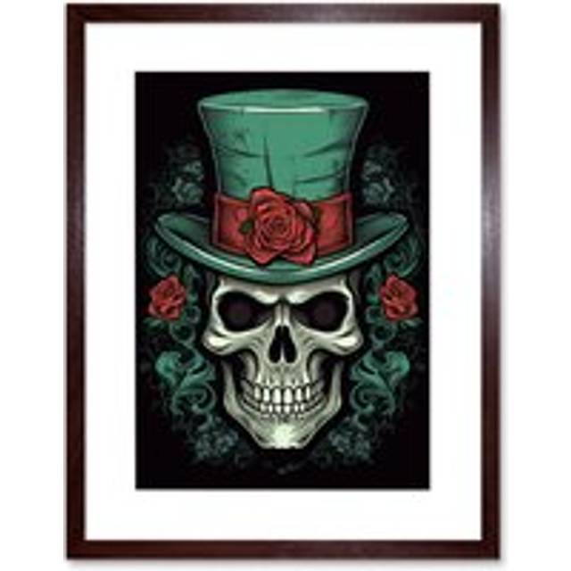 Wall Art Print Skull Rose Top Hat Old School USA Tattoo Ink Body Rockabilly Americana 50s Artwork Framed 9X7 Inch - Brown - W7 inch x H9 inch