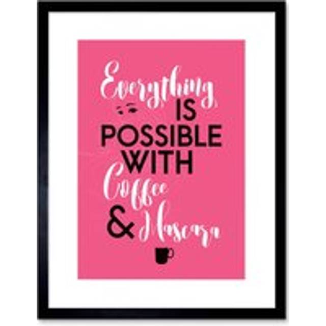 Wall Art Print Anything Possible Coffee Mascara Feathers Eyes Framed - Black - W7 inch x H9 inch