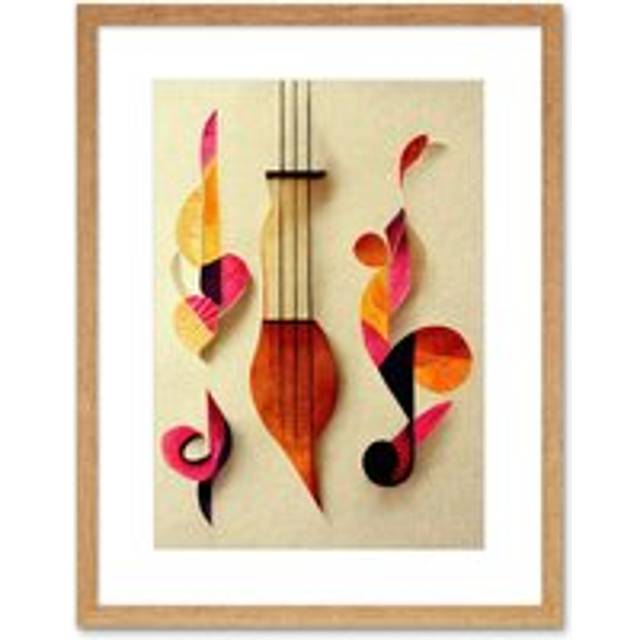 Wall Art Print Abstract Autumnal Boho Music Clefs and Lyra Musical in Cream Copper Pink Yellow Artwork Framed 9X7 Inch - Beige - W7 inch x H9 inch
