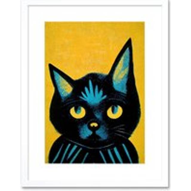 Wall Art Print Quirky Bold Black Cat Yellow Blue Artwork Framed 9X7 Inch - White - W7 inch x H9 inch