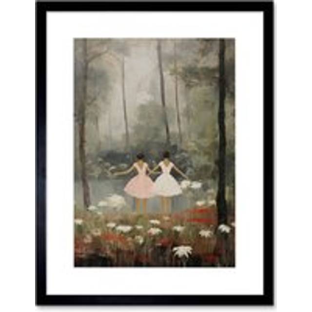 Wall Art Print Forest Ballet Oil Painting Kids Bedroom Ballerinas Gracefully Dancing by a Lake Artwork Framed 9X7 Inch - Black - W7 inch x H9 inch