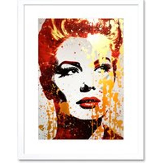 Wall Art Print Woman with Red Lipstick Retro Glam Face Portrait Liquid Gold Paint Linocut Teen Room Artwork Framed 9X7 Inch - White - W7 inch x H9 inc - W7 inch x H9 inch