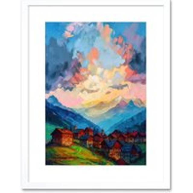 Wall Art Print Atmospheric Clouds at Dawn Over Small Village Houses in the Alps Modern Watercolour Painting Artwork Framed 9X7 Inch - White - W7 inch - W7 inch x H9 inch