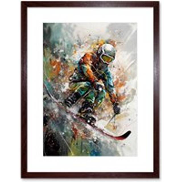 Wall Art Print Skier Skiing Winter Sport Paint Splat Painting Artwork Framed 9X7 Inch - Brown - W7 inch x H9 inch
