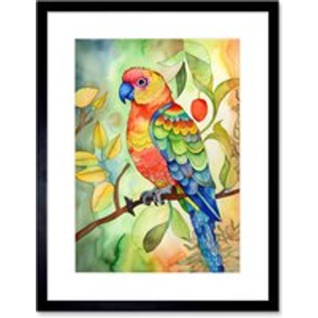 Wall Art Print Parrot Bird On Tree Branch Folk Art Watercolour Painting Artwork Framed 9X7 Inch - Black - W7 inch x H9 inch
