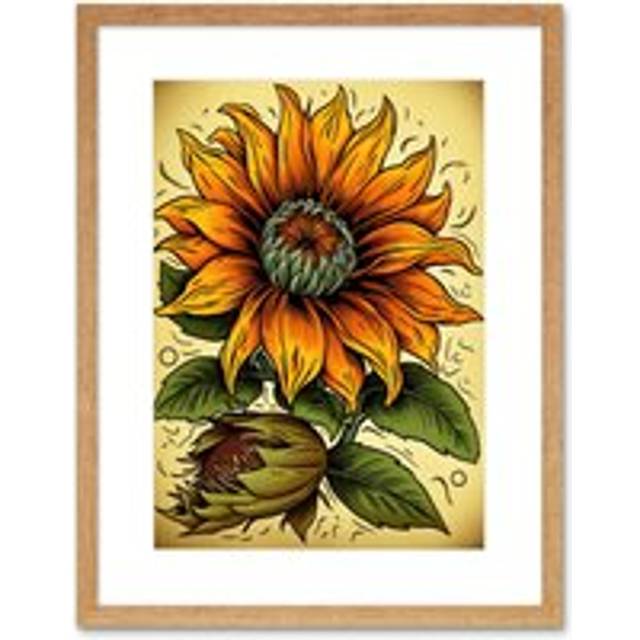 Wall Art Print Sunflower Bloom Old School USA Tattoo Ink Body Art Rockabilly Americana 50s Artwork Framed 9X7 Inch - Beige - W7 inch x H9 inch