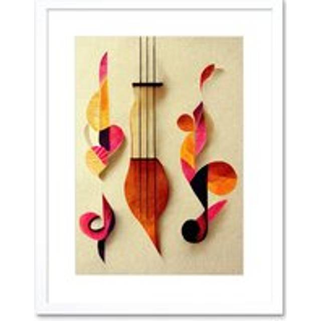 Wall Art Print Abstract Autumnal Boho Music Clefs and Lyra Musical in Cream Copper Pink Yellow Artwork Framed 9X7 Inch - White - W7 inch x H9 inch
