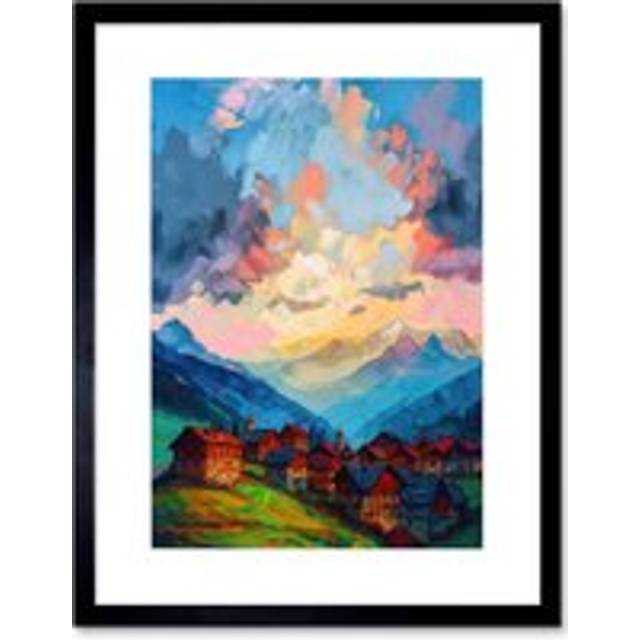Wall Art Print Atmospheric Clouds at Dawn Over Small Village Houses in the Alps Modern Watercolour Painting Artwork Framed 9X7 Inch - Black - W7 inch - W7 inch x H9 inch