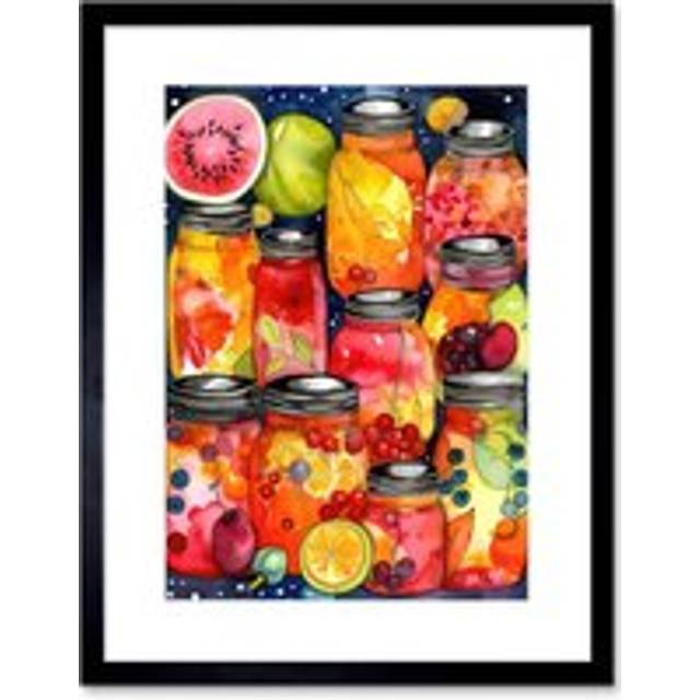 Wall Art Print Fruit Preserves Folk Art Watercolour Painting Artwork Framed 9X7 Inch - Black - W7 inch x H9 inch