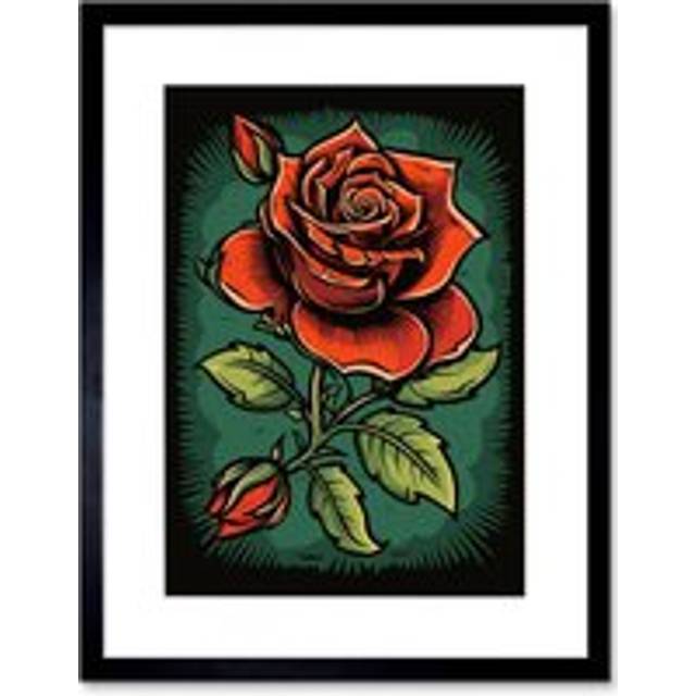 Wall Art Print Old School USA Tattoo Ink Body Art Blooming Rose Rockabilly Americana 50s Artwork Framed 9X7 Inch - Black - W7 inch x H9 inch