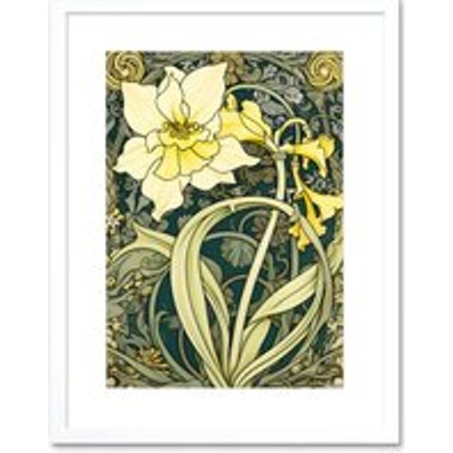 Wall Art Print Yellow Daffodil Flower Watercolour Art Nouveau Artwork Framed 9X7 Inch - White - W7 inch x H9 inch