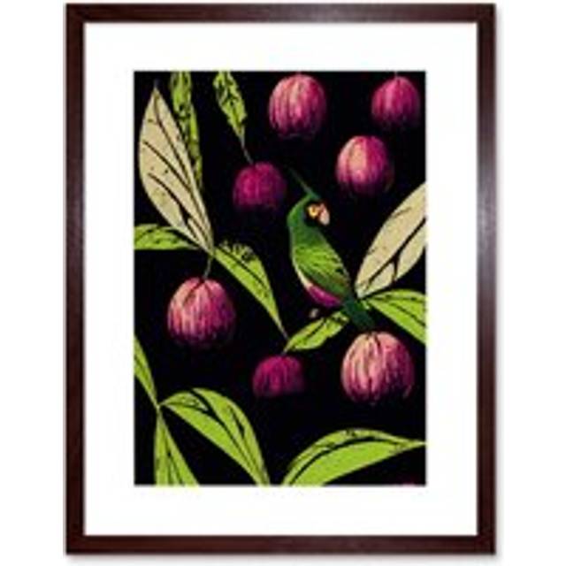 Wall Art Print Parrot in Tree Fruit Bright Green and Purple Black Colour Linocut Modern Vintage Artwork Framed 9X7 Inch - Brown - W7 inch x H9 inch