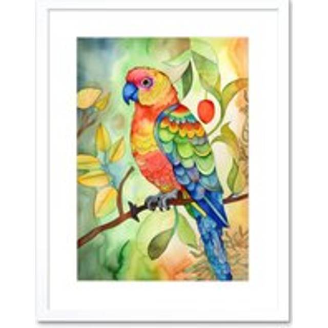 Wall Art Print Parrot Bird On Tree Branch Folk Art Watercolour Painting Artwork Framed 9X7 Inch - White - W7 inch x H9 inch