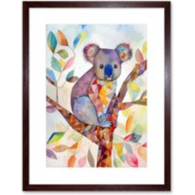 Wall Art Print Koala On Tree With Multicolour Polygon Pattern Folk Art Watercolour Painting Artwork Framed 9X7 Inch - Brown - W7 inch x H9 inch