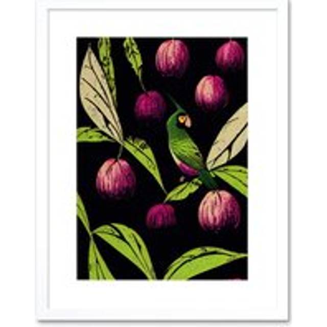 Wall Art Print Parrot in Tree Fruit Bright Green and Purple Black Colour Linocut Modern Vintage Artwork Framed 9X7 Inch - White - W7 inch x H9 inch