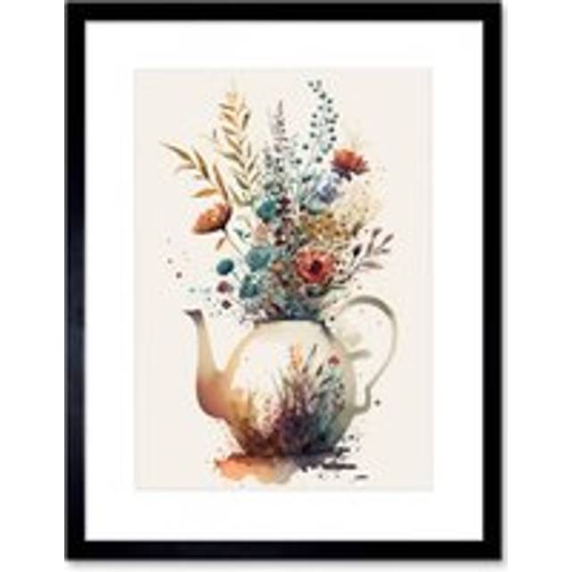 Wall Art Print Wildflower Bouquet Teapot Vase with Floral Design Artwork Framed 9X7 Inch - Black - W7 inch x H9 inch