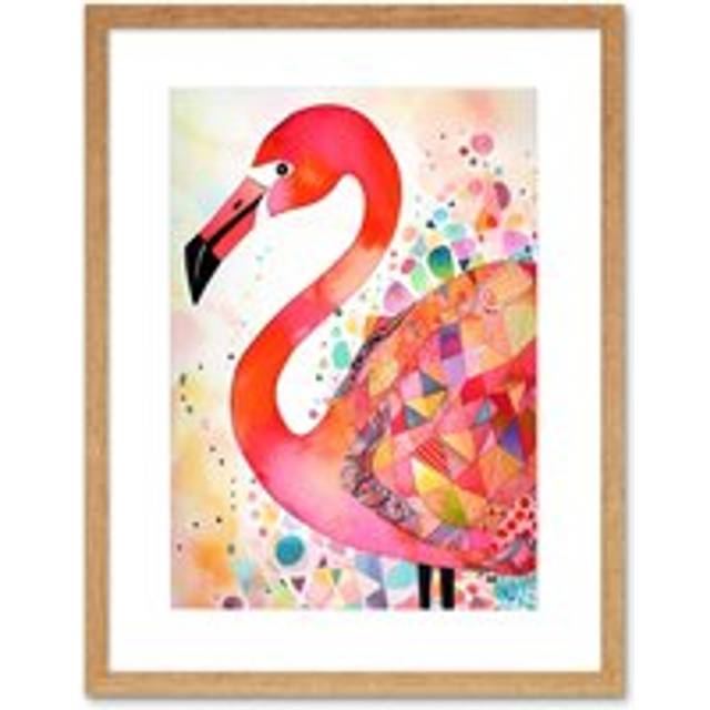Wall Art Print Flamingo Bird With Patterns Folk Art Watercolour Painting Artwork Framed 9X7 Inch - Beige - W7 inch x H9 inch