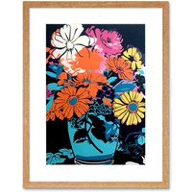 Wall Art Print Flower Bouquet in Vase Linocut Orange Yellow Blue Pink Floral Preppy Aesthetic Artwork Framed 9X7 Inch - Beige - W7 inch x H9 inch