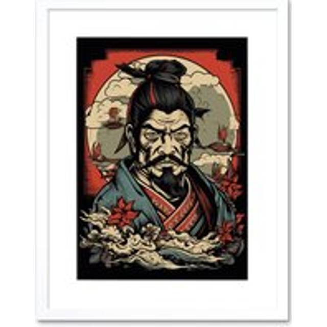 Wall Art Print Samurai Master Art Deco Tattoo Ink Body Art Rockabilly Americana 50s Artwork Framed 9X7 Inch - White - W7 inch x H9 inch
