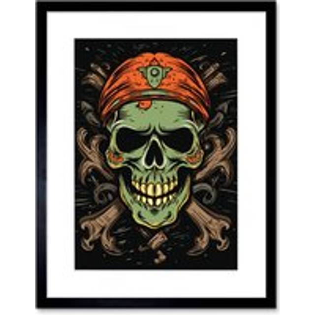Wall Art Print Skull Crossbones Old School USA Tattoo Ink Body Rockabilly Americana 50s Artwork Framed 9X7 Inch - Black - W7 inch x H9 inch