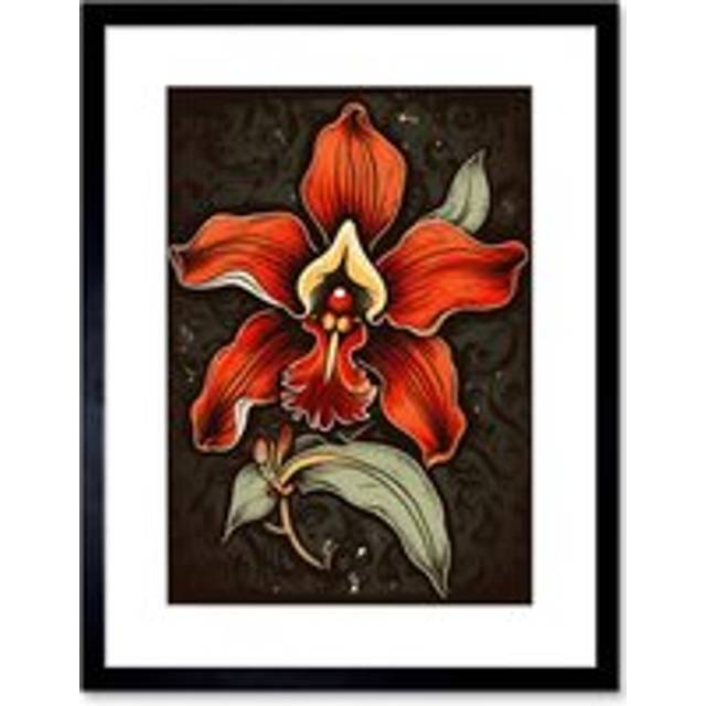 Wall Art Print Old School USA Tattoo Ink Body Art Red Orchid Rockabilly Americana 50s Artwork Framed 9X7 Inch - Black - W7 inch x H9 inch
