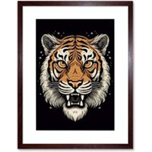 Wall Art Print Old School USA Tattoo Ink Body Art Tiger Head Rockabilly Americana 50s Artwork Framed 9X7 Inch - Brown - W7 inch x H9 inch