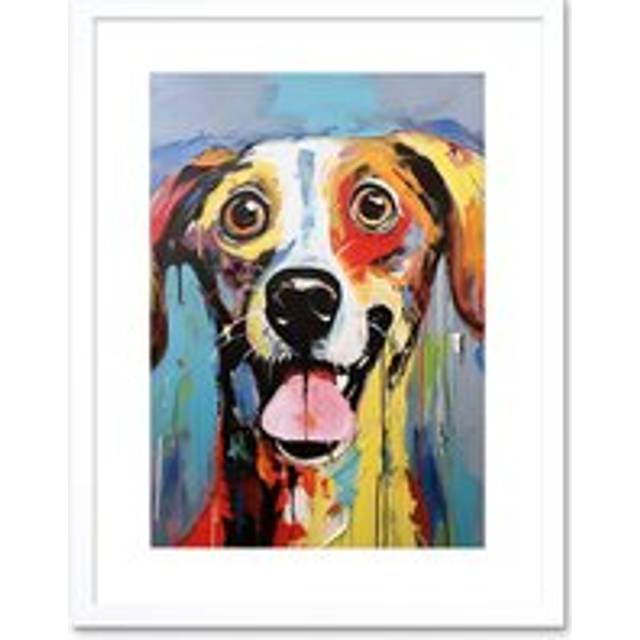 Wall Art Print Colourful Dog Portrait Artwork by Jason Brydson Happy Face Oil Painting Bold Bright Vibrant Artwork Framed 9X7 Inch - White - W7 inch x - W7 inch x H9 inch