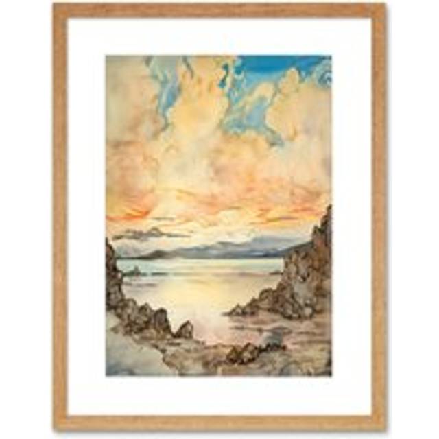 Wall Art Print Pastel Colour Atmospheric Cloud Sunrise Over Mono Lake Modern Watercolour Painting Artwork Framed 9X7 Inch - Beige - W7 inch x H9 inch