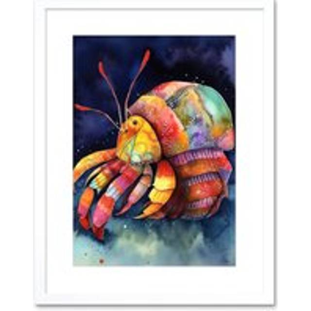 Wall Art Print Hermit Crab Vibrant Folk Art Watercolour Painting Artwork Framed 9X7 Inch - White - W7 inch x H9 inch