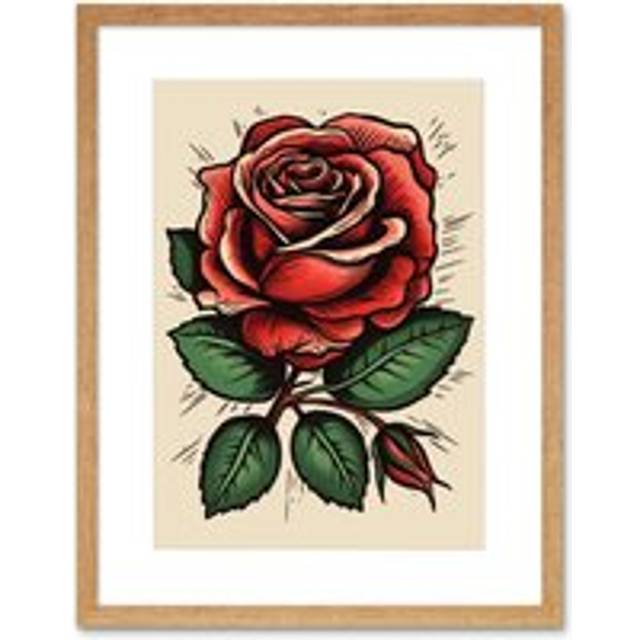 Wall Art Print Rose Bloom Bud Old School USA Tattoo Ink Body Art Rockabilly Americana 50s Artwork Framed 9X7 Inch - Beige - W7 inch x H9 inch