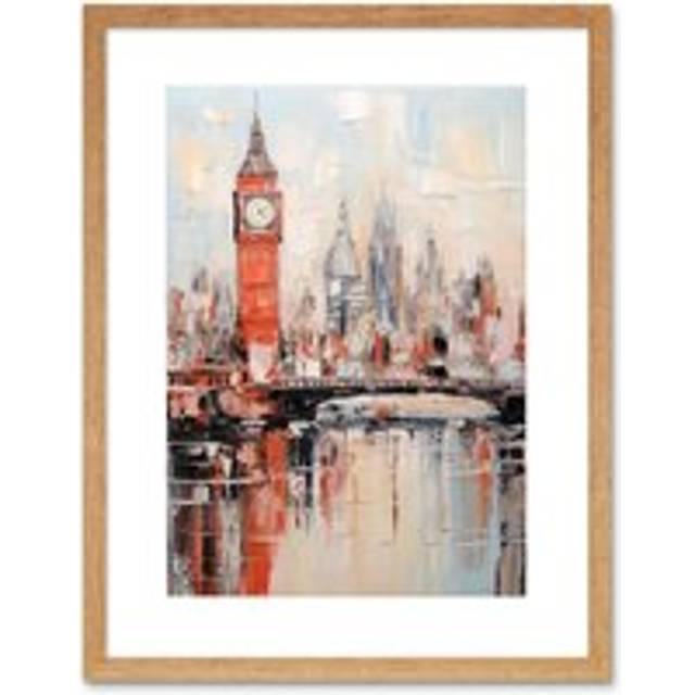 Wall Art Print London Skyline Abstract Oil Painting Thick Paint Red Big Ben River Thames Westminster Bridge England City Artwork Framed 9X7 Inch - Bei - Beige - W7 inch x H9 inch