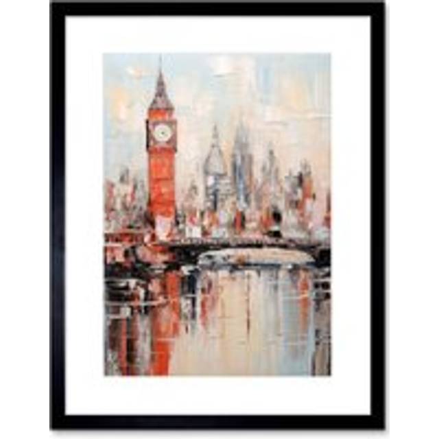 Wall Art Print London Skyline Abstract Oil Painting Thick Paint Red Big Ben River Thames Westminster Bridge England City Artwork Framed 9X7 Inch - Bla - Black - W7 inch x H9 inch