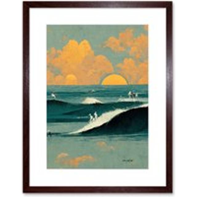 Wall Art Print Surfers Surfing Chasing Waves at Sunset Teal Mustard Abstract Oil Paint Artwork Framed 9X7 Inch - Brown - W7 inch x H9 inch