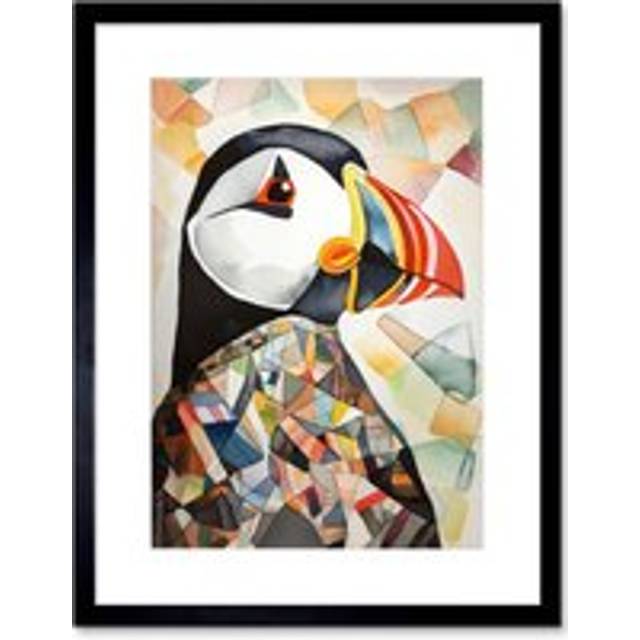 Wall Art Print Puffin Bird Abstract Portrait Folk Artwork Framed 9X7 Inch - Black - W7 inch x H9 inch