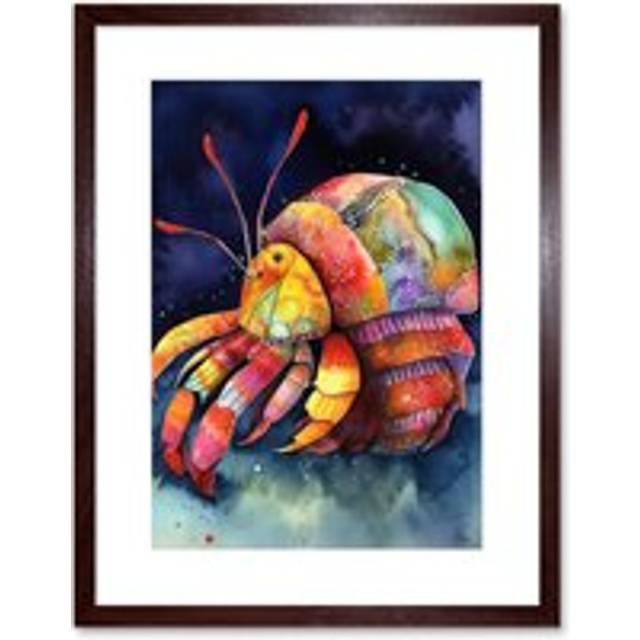 Wall Art Print Hermit Crab Vibrant Folk Art Watercolour Painting Artwork Framed 9X7 Inch - Brown - W7 inch x H9 inch