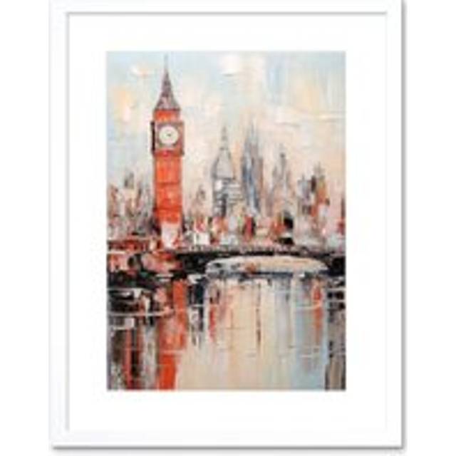 Wall Art Print London Skyline Abstract Oil Painting Thick Paint Red Big Ben River Thames Westminster Bridge England City Artwork Framed 9X7 Inch - Whi - White - W7 inch x H9 inch