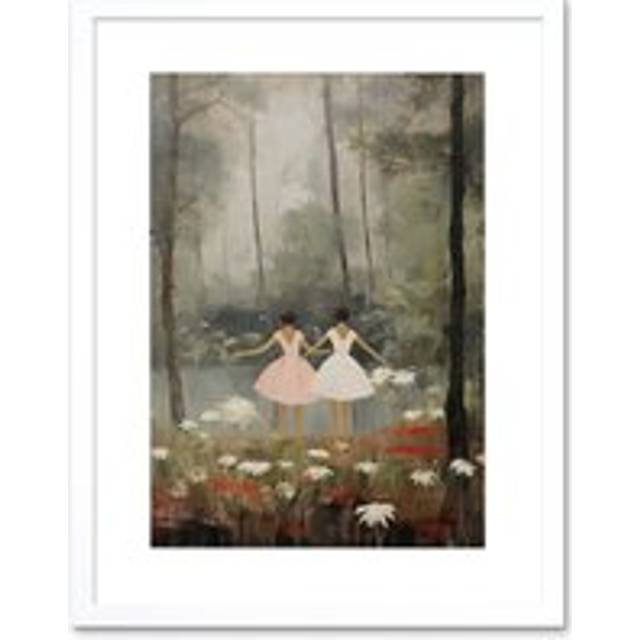 Wall Art Print Forest Ballet Oil Painting Kids Bedroom Ballerinas Gracefully Dancing by a Lake Artwork Framed 9X7 Inch - White - W7 inch x H9 inch