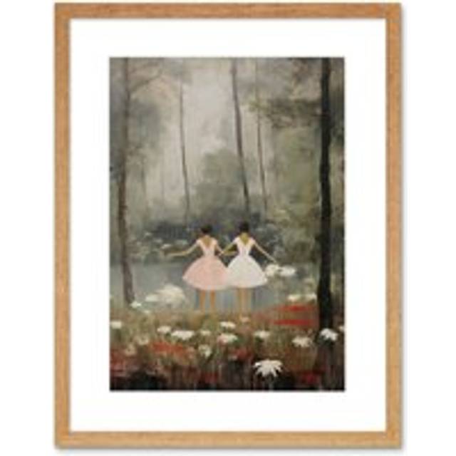 Wall Art Print Forest Ballet Oil Painting Kids Bedroom Ballerinas Gracefully Dancing by a Lake Artwork Framed 9X7 Inch - Beige - W7 inch x H9 inch
