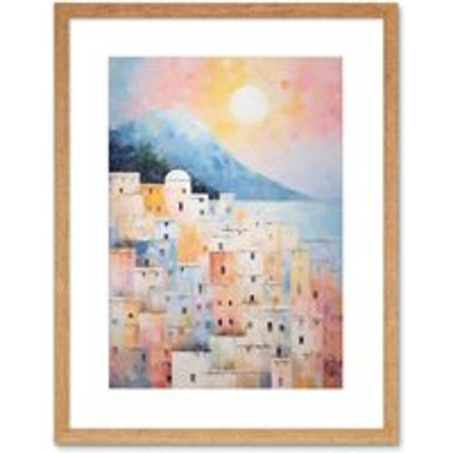 Wall Art Print Santorini Whitewashed Buildings Pastel Colour Oil Painting Orange Pink Blue Sunrise Fira Coastal City Artwork Framed 9X7 Inch - Beige - - W7 inch x H9 inch