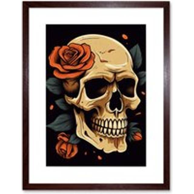 Wall Art Print Skull Roses Dark Old School USA Tattoo Ink Body Rockabilly Americana 50s Artwork Framed 9X7 Inch - Brown - W7 inch x H9 inch