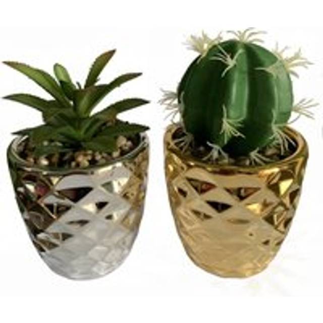 15cm Set of Two Silver and Gold Ceramic Planters with Artificial Cactus and Dracaena