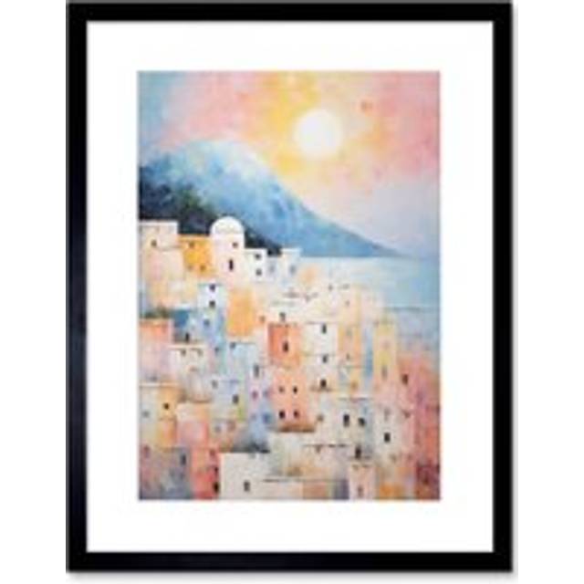 Wall Art Print Santorini Whitewashed Buildings Pastel Colour Oil Painting Orange Pink Blue Sunrise Fira Coastal City Artwork Framed 9X7 Inch - Black - - W7 inch x H9 inch