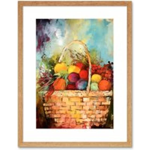 Wall Art Print Hand Woven Basket Filled with Fruit and Herbs Artwork Framed 9X7 Inch - Beige - W7 inch x H9 inch